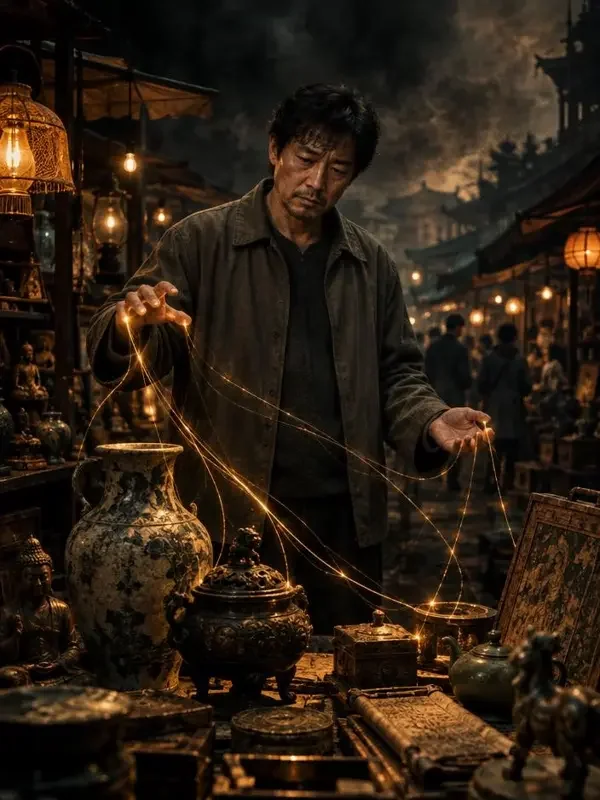 人到中年：我的双眼可以看穿一切 - 旧物市场里指尖泛起金色光线的中年男性海报